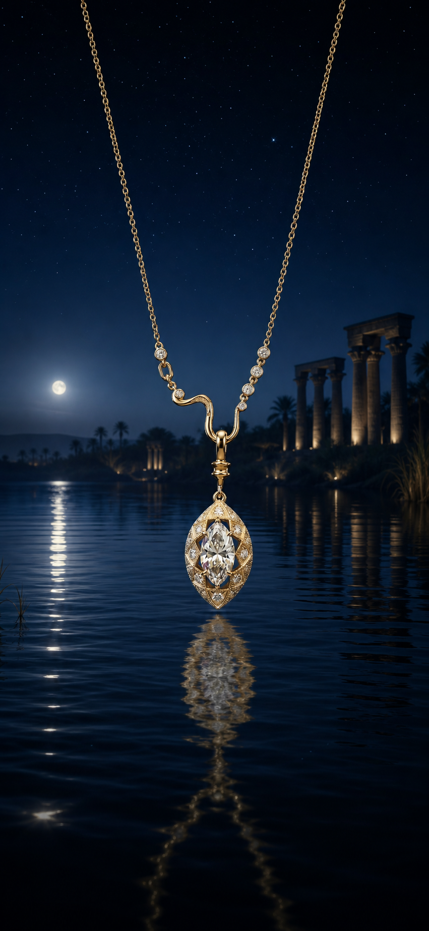 The Eye of the Nile necklace above a moonlit Nile river