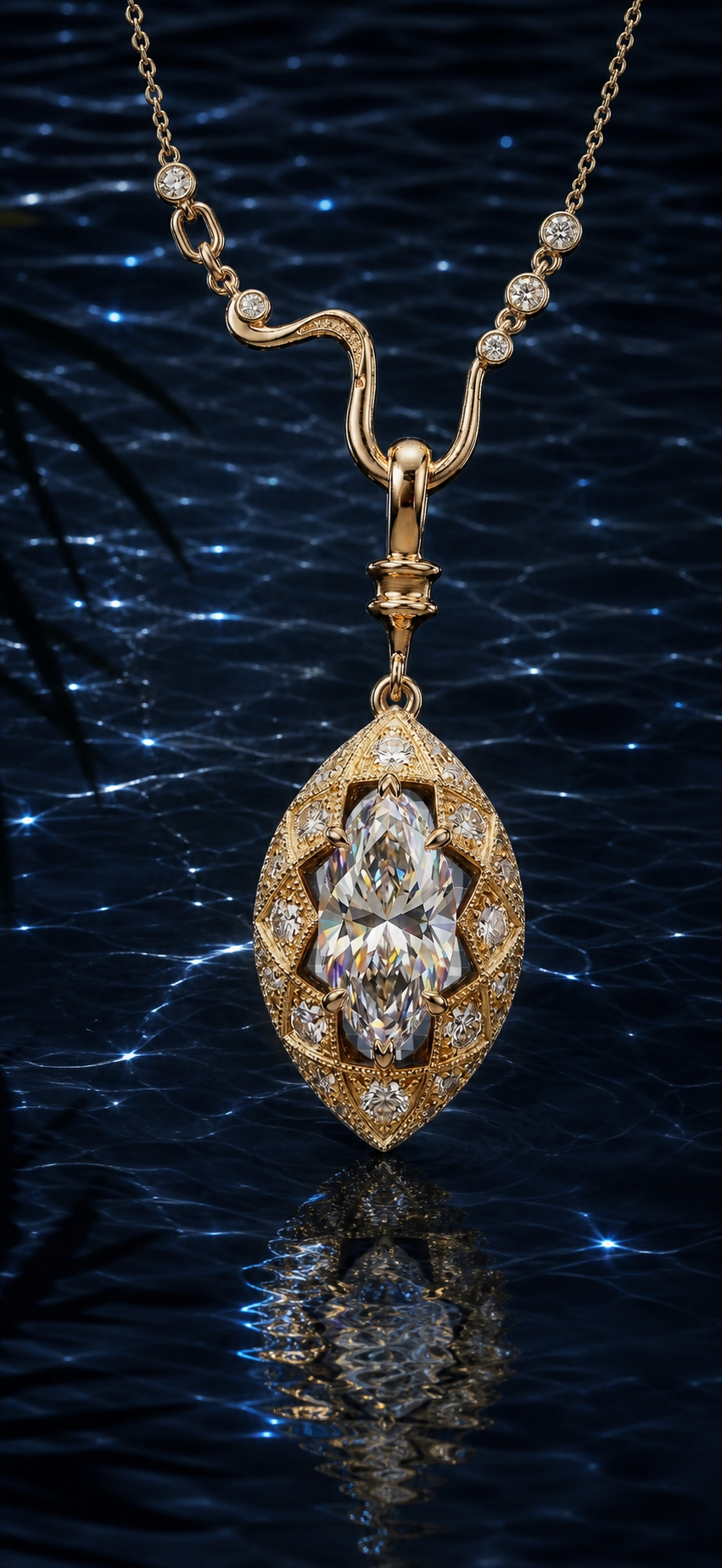 Close detail of The Eye of the Nile marquise diamond pendant