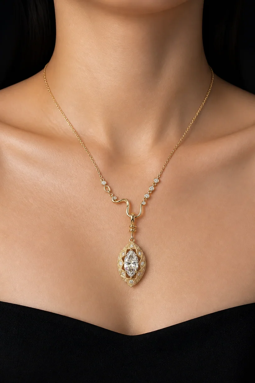The Eye of the Nile necklace worn on East Asian skin