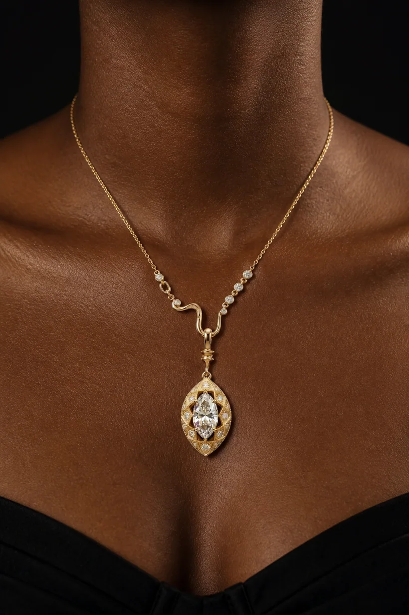 The Eye of the Nile necklace worn on deep skin