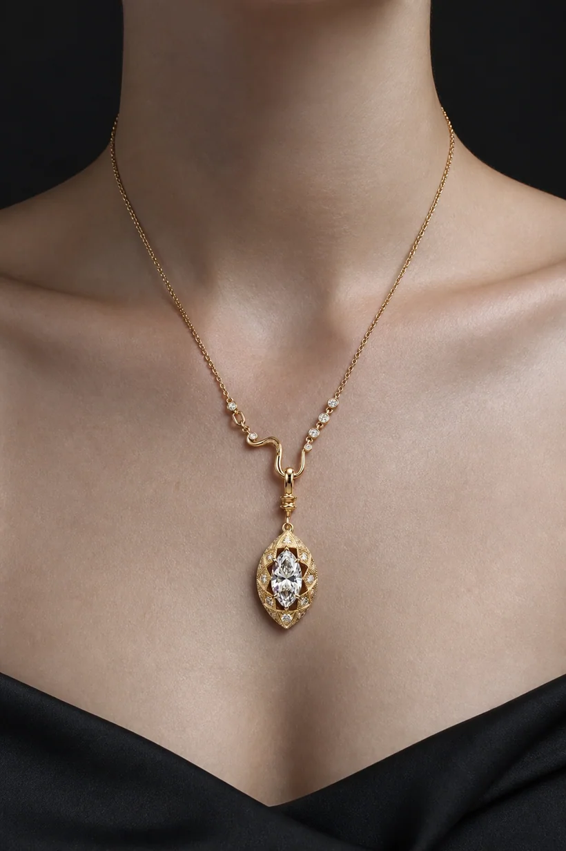 The Eye of the Nile necklace worn on fair skin