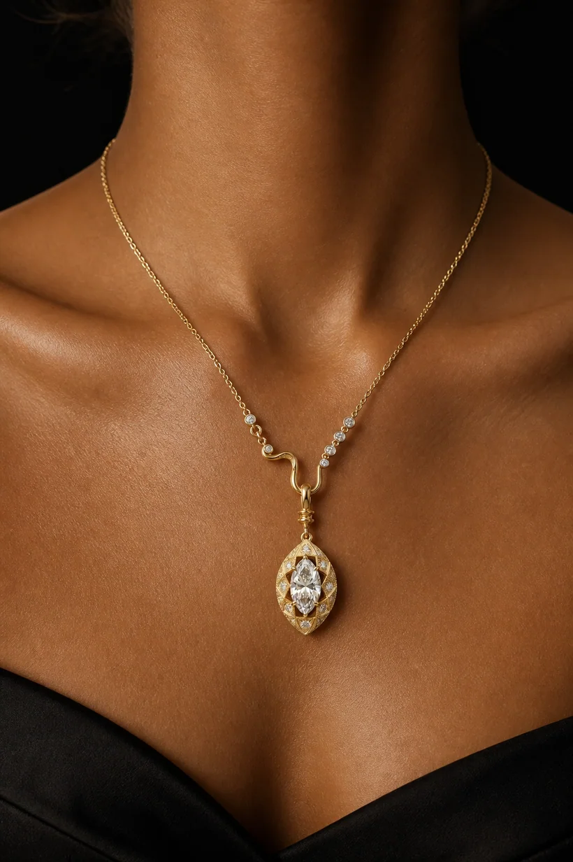 The Eye of the Nile necklace worn on South Asian skin
